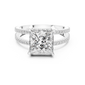White gold princess cut split shank lab grown diamond ring, angled view