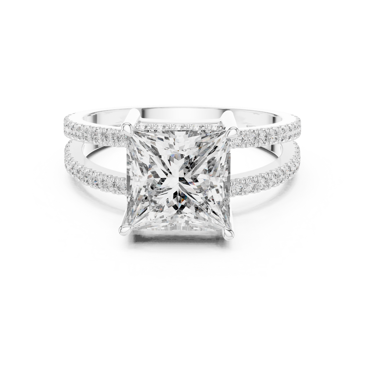 White gold princess cut split shank lab grown diamond ring, angled view