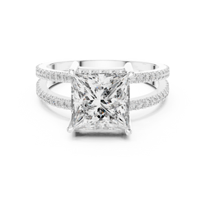 White gold princess cut split shank lab grown diamond ring, angled view