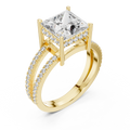 Yellow gold princess cut split shank lab grown diamond ring, side view