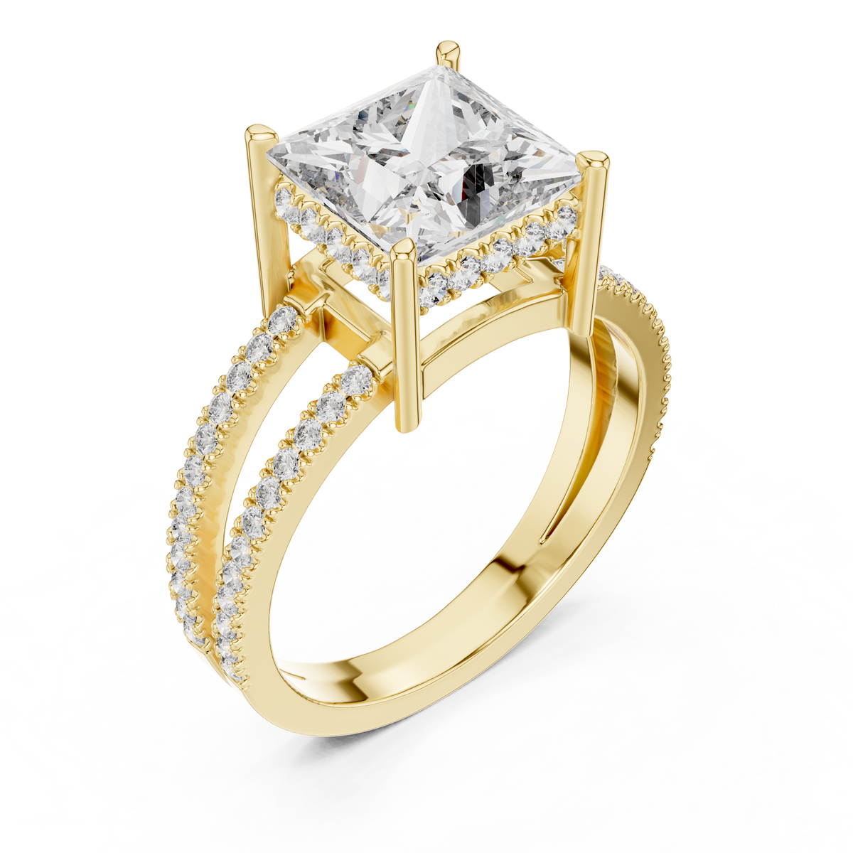 Yellow gold princess cut split shank lab grown diamond ring, side view