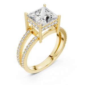 Yellow gold princess cut split shank lab grown diamond ring, side view