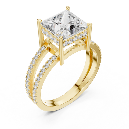 Yellow gold princess cut split shank lab grown diamond ring, side view