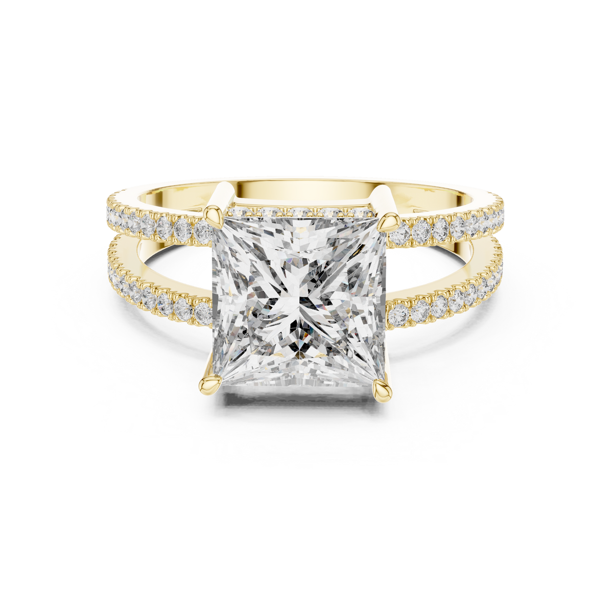 Yellow gold princess cut split shank lab grown diamond ring, angled view