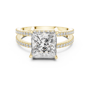 Yellow gold princess cut split shank lab grown diamond ring, angled view