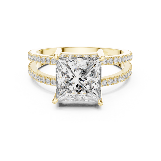 Yellow gold princess cut split shank lab grown diamond ring, angled view