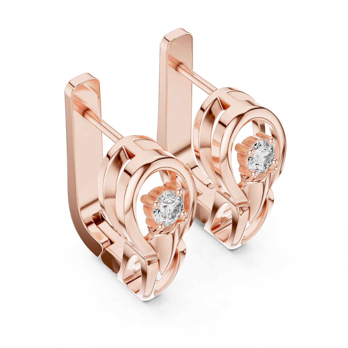 Lab grown diamond solitaire huggie earrings in rose gold, angled view
