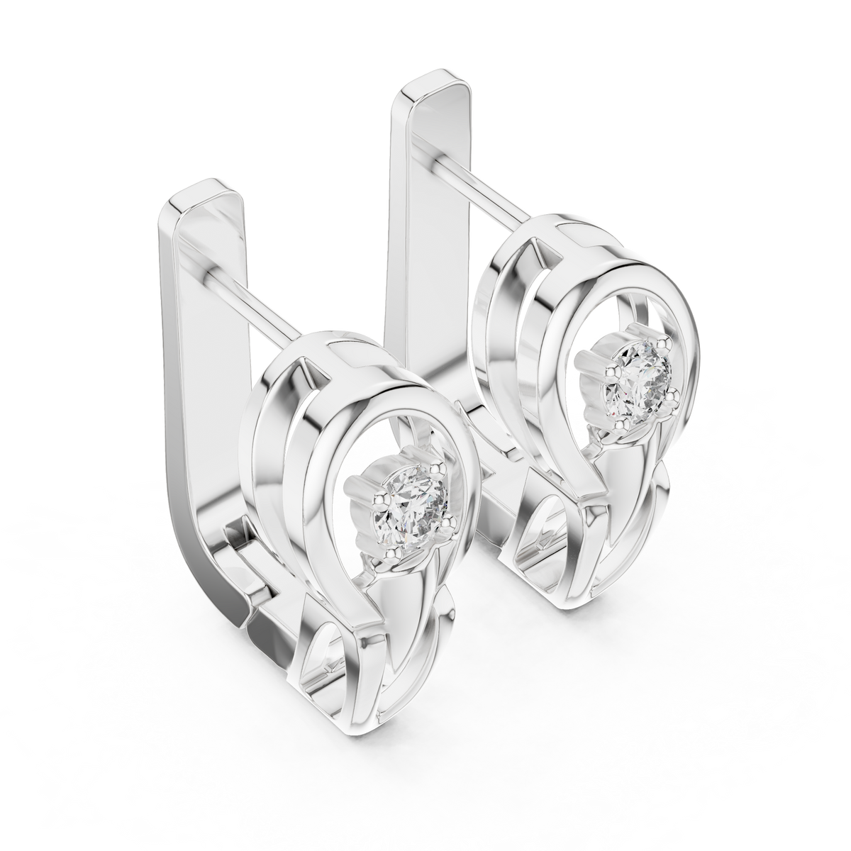 Lab grown diamond solitaire huggie earrings in white gold, angled view