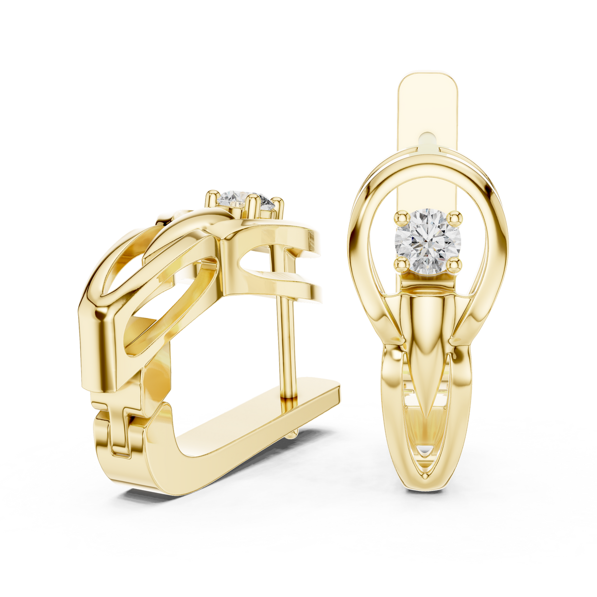 Lab grown diamond solitaire huggie earrings in yellow gold, front view