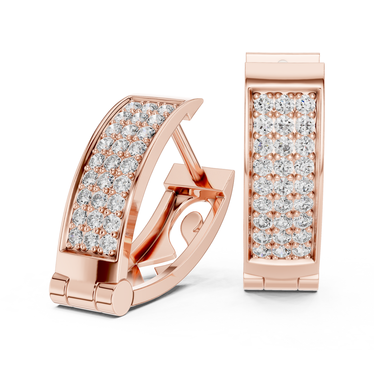 Rose gold lab grown diamond three-row pavé huggie hoop earrings, side view
