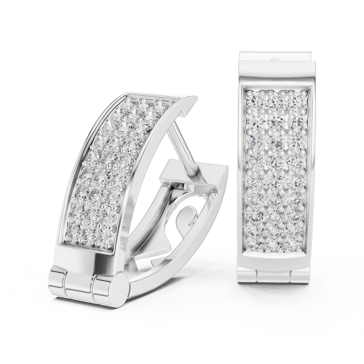 White gold lab grown diamond three-row pavé huggie hoop earrings, side view