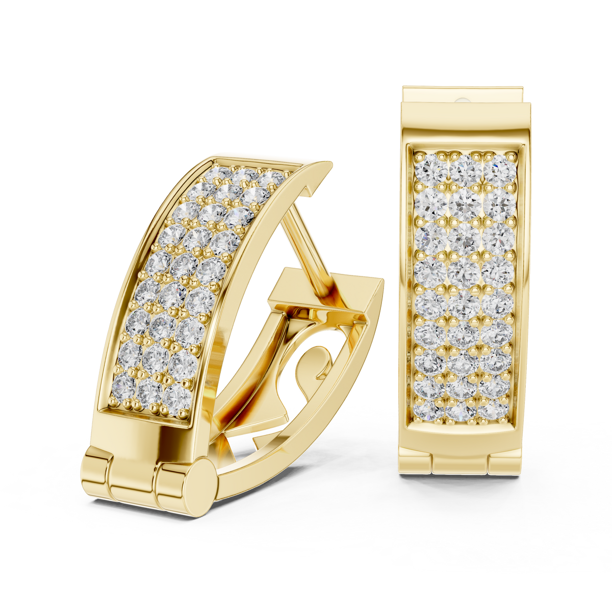 Yellow gold lab grown diamond three-row pavé huggie hoop earrings, side view