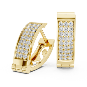 Yellow gold lab grown diamond three-row pavé huggie hoop earrings, side view