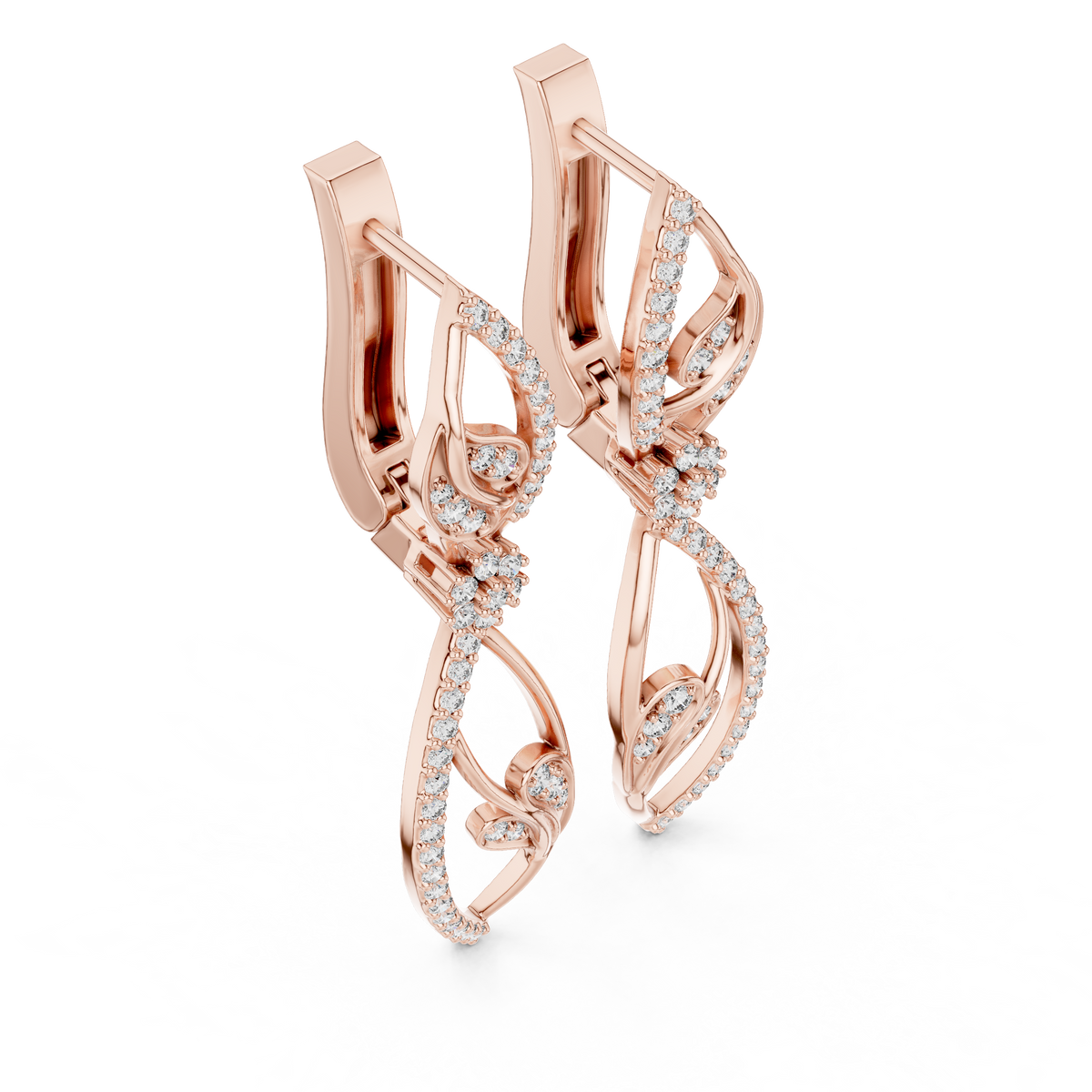 Rose gold lab grown diamond floral vine leverback drop earrings, side view