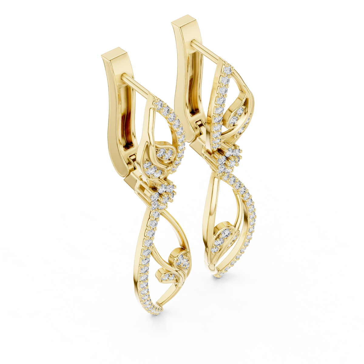 Yellow gold lab grown diamond floral vine leverback drop earrings, side view