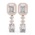 Rose gold 3 ct emerald & oval cut lab grown diamond halo drop earrings, front view
