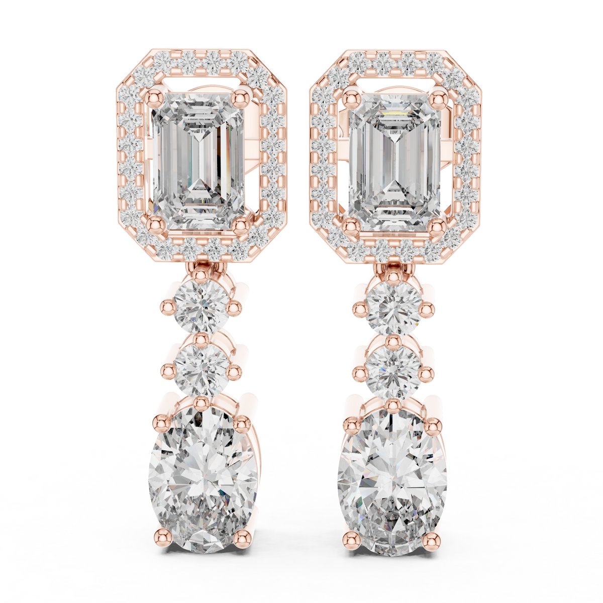 Rose gold 3 ct emerald & oval cut lab grown diamond halo drop earrings, front view