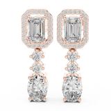 Rose gold 3 ct emerald & oval cut lab grown diamond halo drop earrings, front view