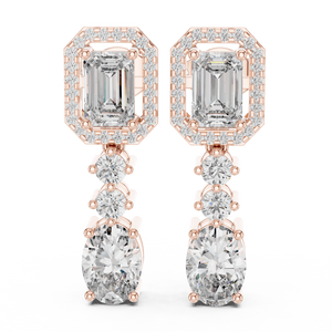 Rose gold 3 ct emerald & oval cut lab grown diamond halo drop earrings, front view