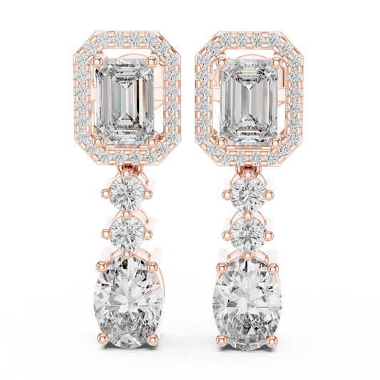 Rose gold 3 ct emerald & oval cut lab grown diamond halo drop earrings, front view