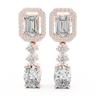 Rose gold 3 ct emerald & oval cut lab grown diamond halo drop earrings, front view