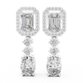 White gold 3 ct emerald & oval cut lab grown diamond halo drop earrings, front view