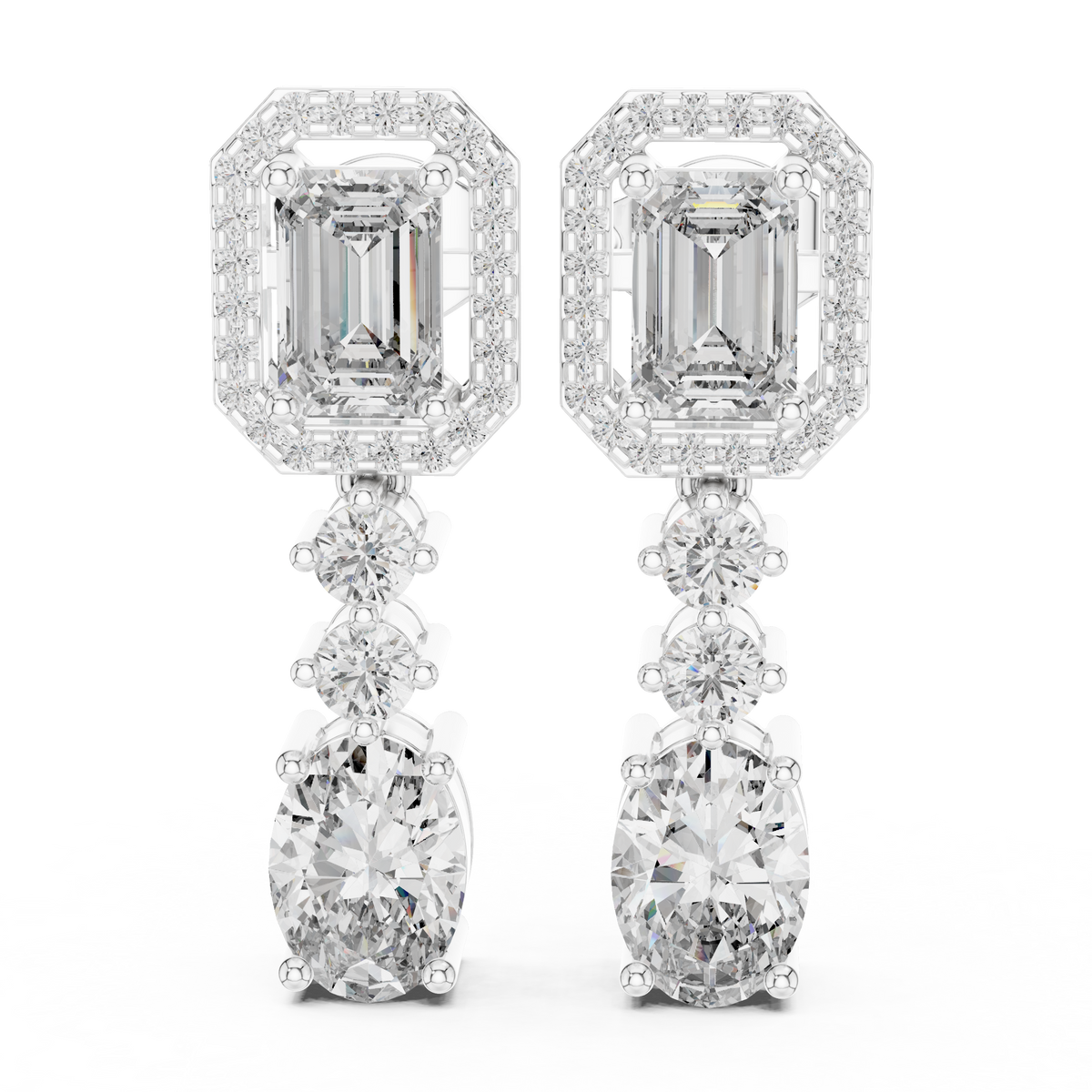 White gold 3 ct emerald & oval cut lab grown diamond halo drop earrings, front view