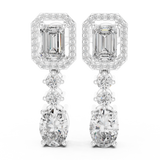 White gold 3 ct emerald & oval cut lab grown diamond halo drop earrings, front view