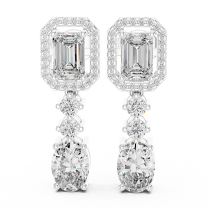 White gold 3 ct emerald & oval cut lab grown diamond halo drop earrings, front view