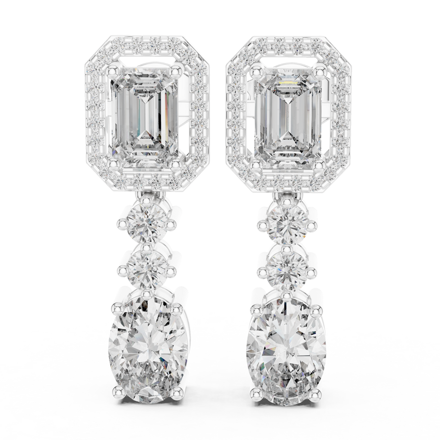 White gold 3 ct emerald & oval cut lab grown diamond halo drop earrings, front view