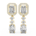 Yellow gold 3 ct emerald & oval cut lab grown diamond halo drop earrings, front view