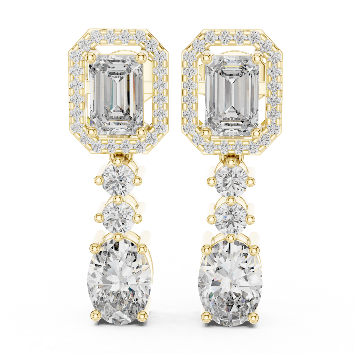 Yellow gold 3 ct emerald & oval cut lab grown diamond halo drop earrings, front view