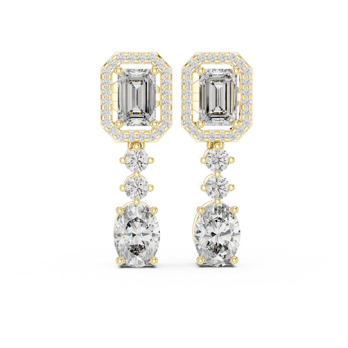 Yellow gold emerald & oval cut lab grown diamond halo drop earrings, detail view