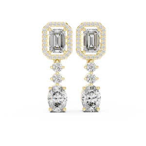 Yellow gold emerald & oval cut lab grown diamond halo drop earrings, detail view