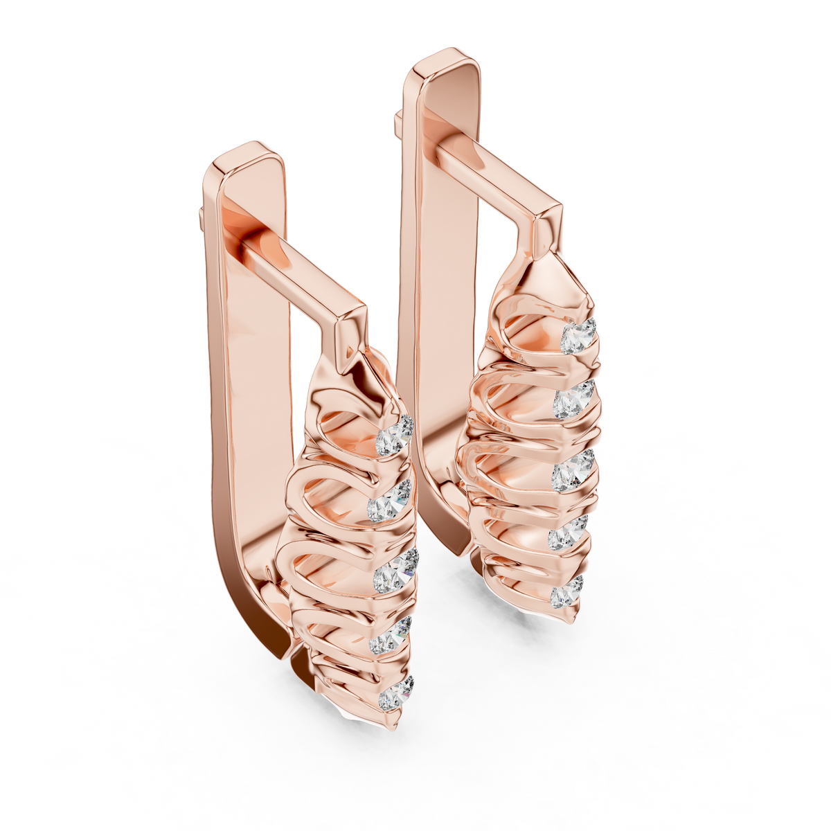 Rose gold lab grown diamond graduated bezel huggie earrings, side view