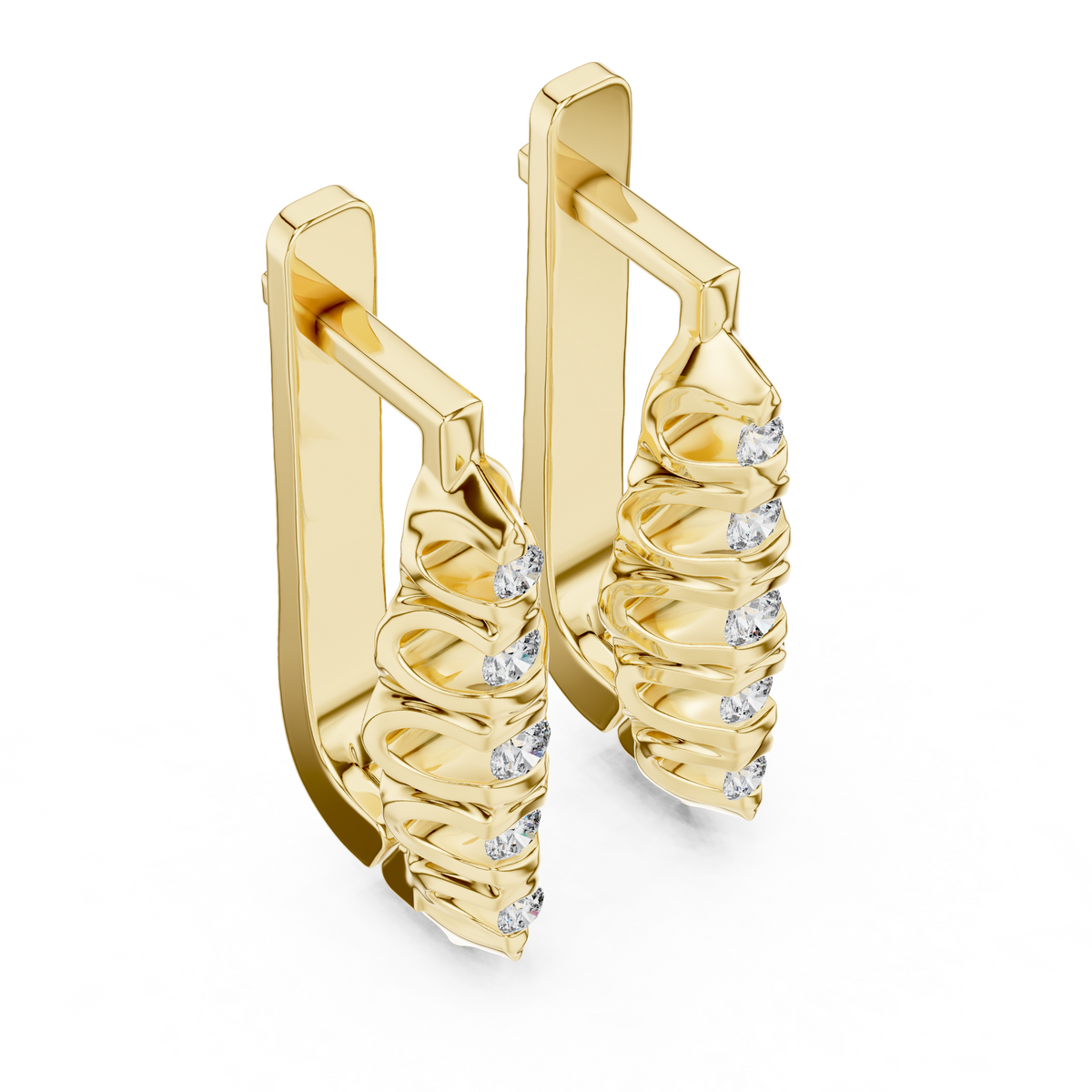 Yellow gold lab grown diamond graduated bezel huggie earrings, side view