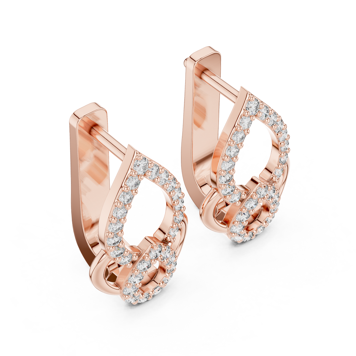 Rose gold lab grown diamond double teardrop huggie earrings, side view