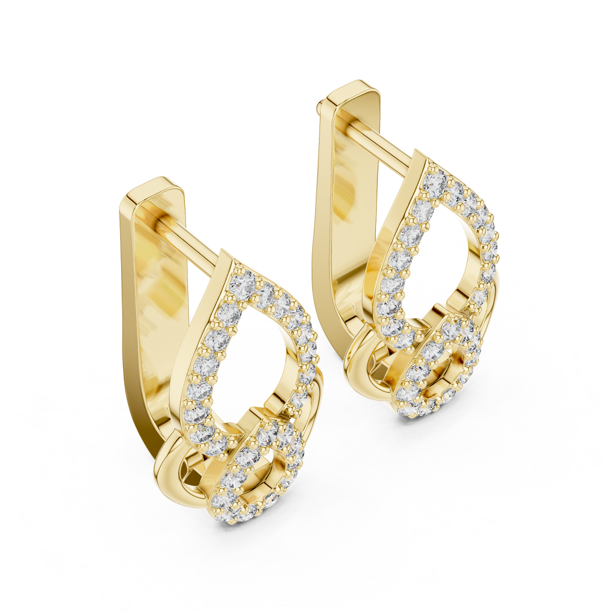 Yellow gold lab grown diamond double teardrop huggie earrings, side view