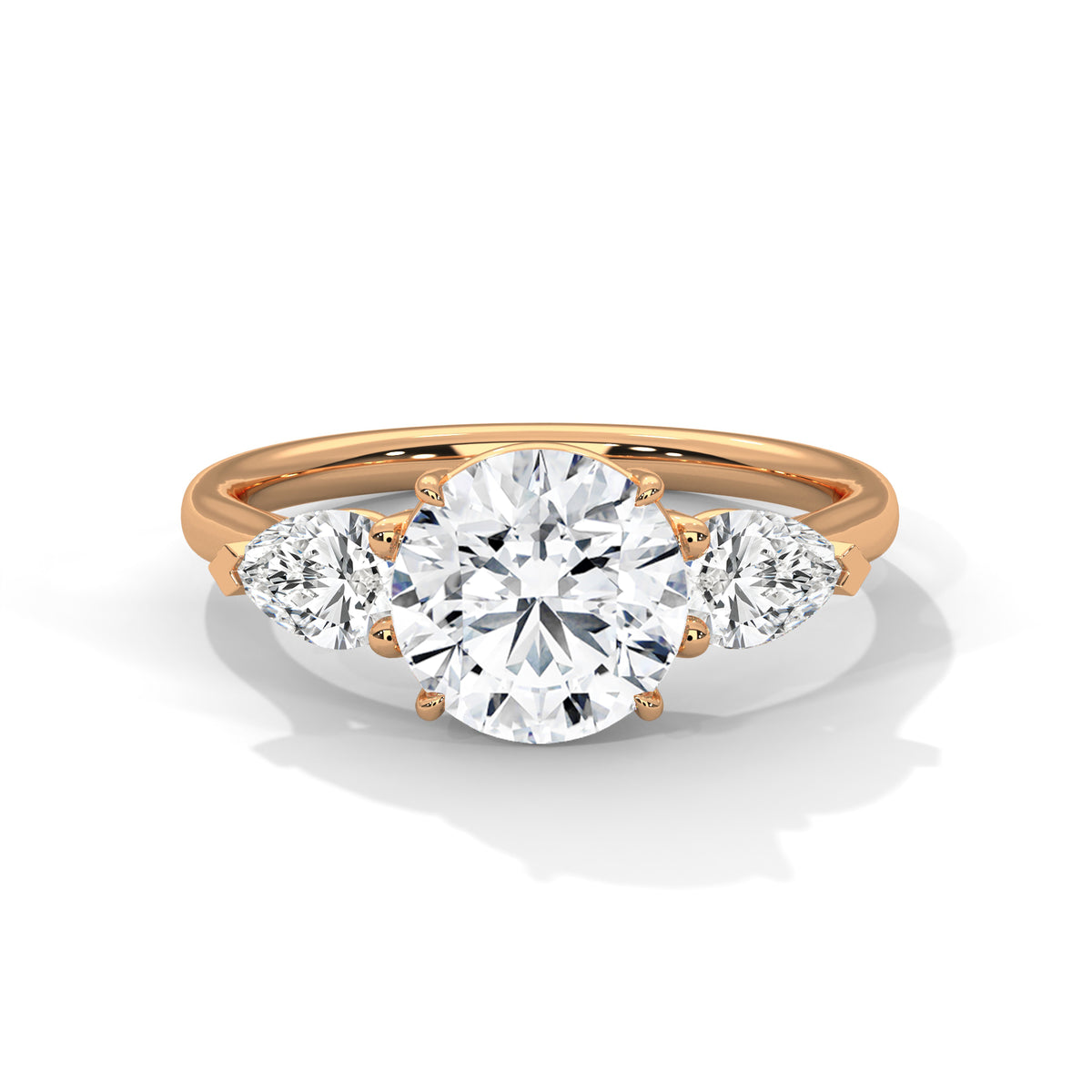 3 Carat Round Cut Lab Grown Diamond Ring for Women – Three-Stone Pear Sides Close-Up | Luzora Jewels