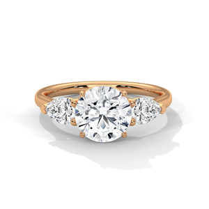 3 Carat Round Cut Lab Grown Diamond Ring for Women – Three-Stone Pear Sides Close-Up | Luzora Jewels