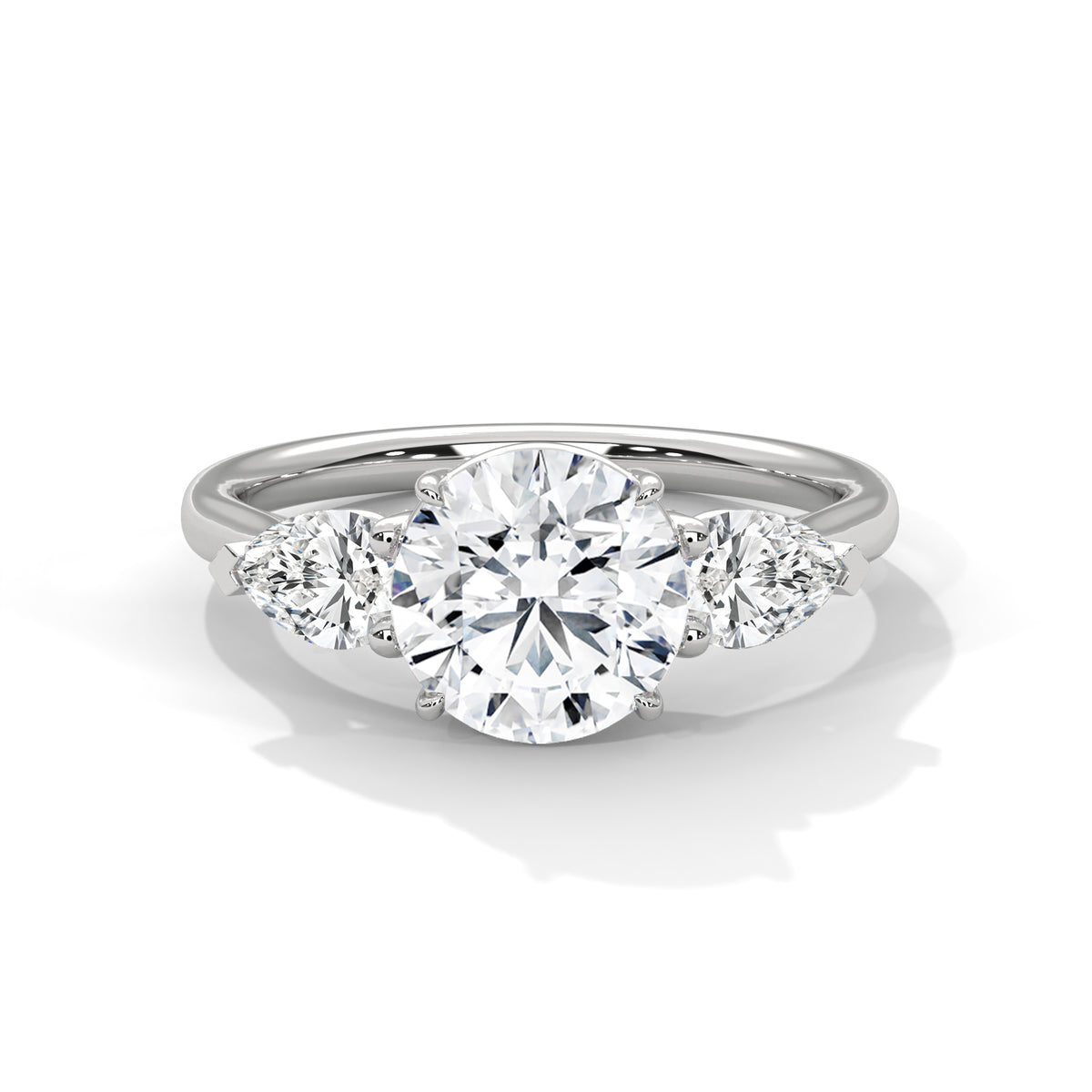 3 Carat Round Cut Lab Grown Diamond Engagement Ring in White Gold – Three-Stone Pear Sides | Luzora Jewels