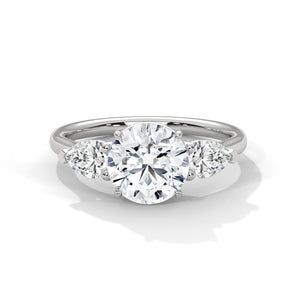 3 Carat Round Cut Lab Grown Diamond Engagement Ring in White Gold – Three-Stone Pear Sides | Luzora Jewels