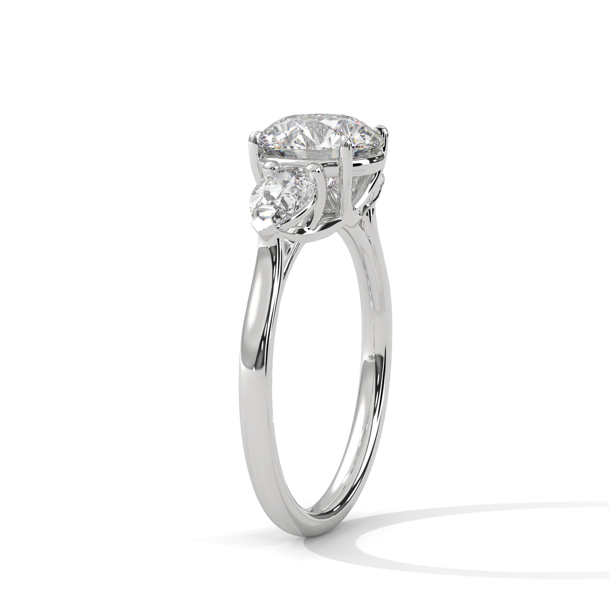 3 Carat Round Cut Lab Created Diamond Three-Stone Pear Sides Engagement Ring – Side View | Luzora Jewels