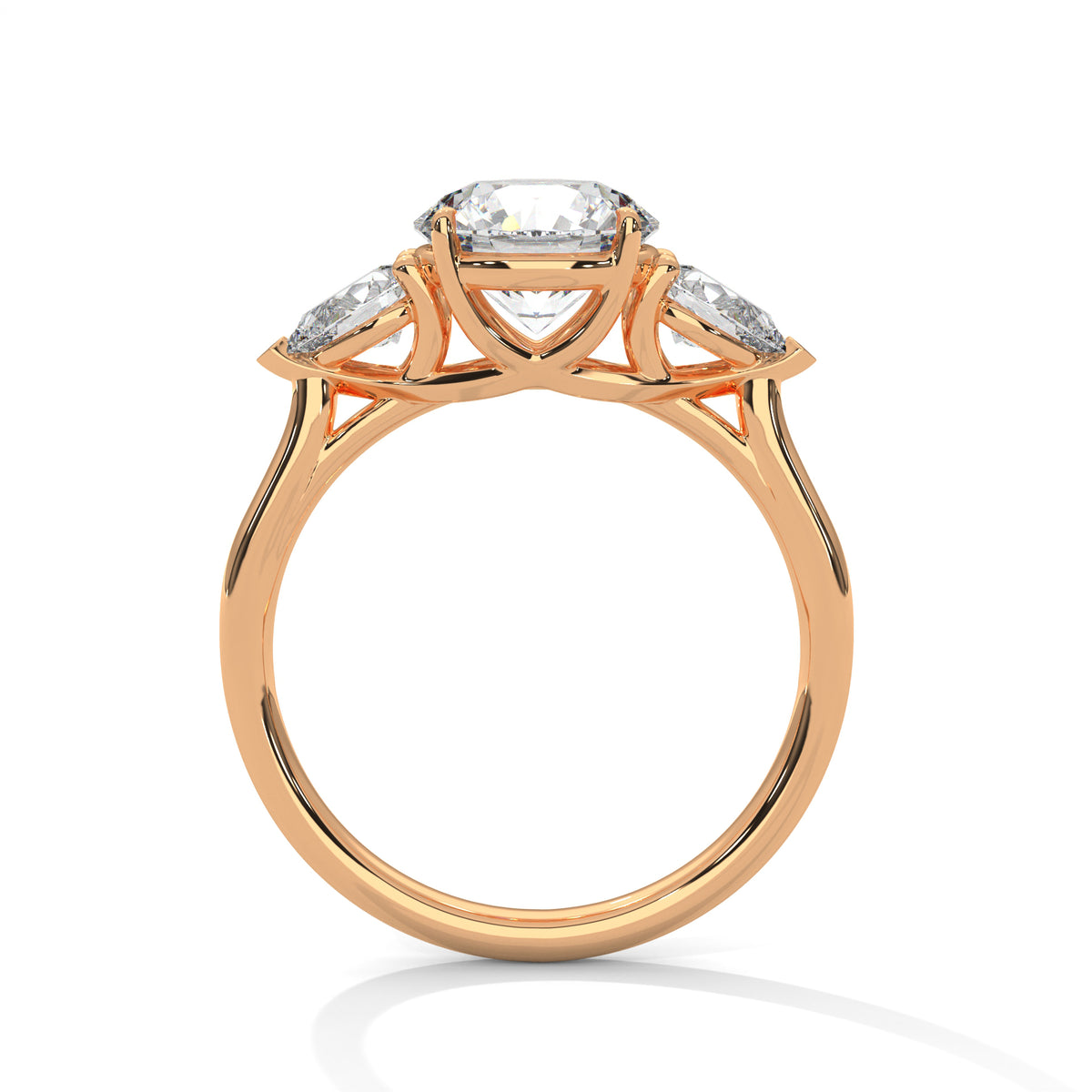 3 Carat Round Cut Lab Grown Diamond Engagement Ring in Rose Gold – Three-Stone Pear Sides | Luzora Jewels
