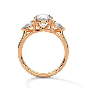 3 Carat Round Cut Lab Grown Diamond Engagement Ring in Rose Gold – Three-Stone Pear Sides | Luzora Jewels