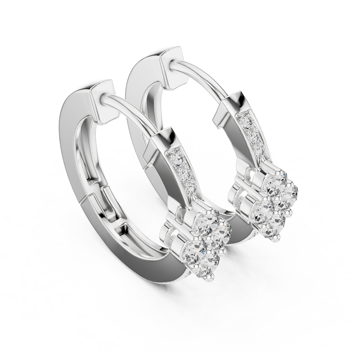 White gold lab-grown diamond cluster hoop earrings, side view