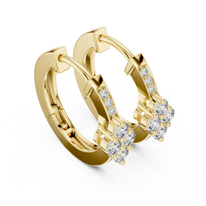 Yellow gold lab-grown diamond cluster hoop earrings, side view