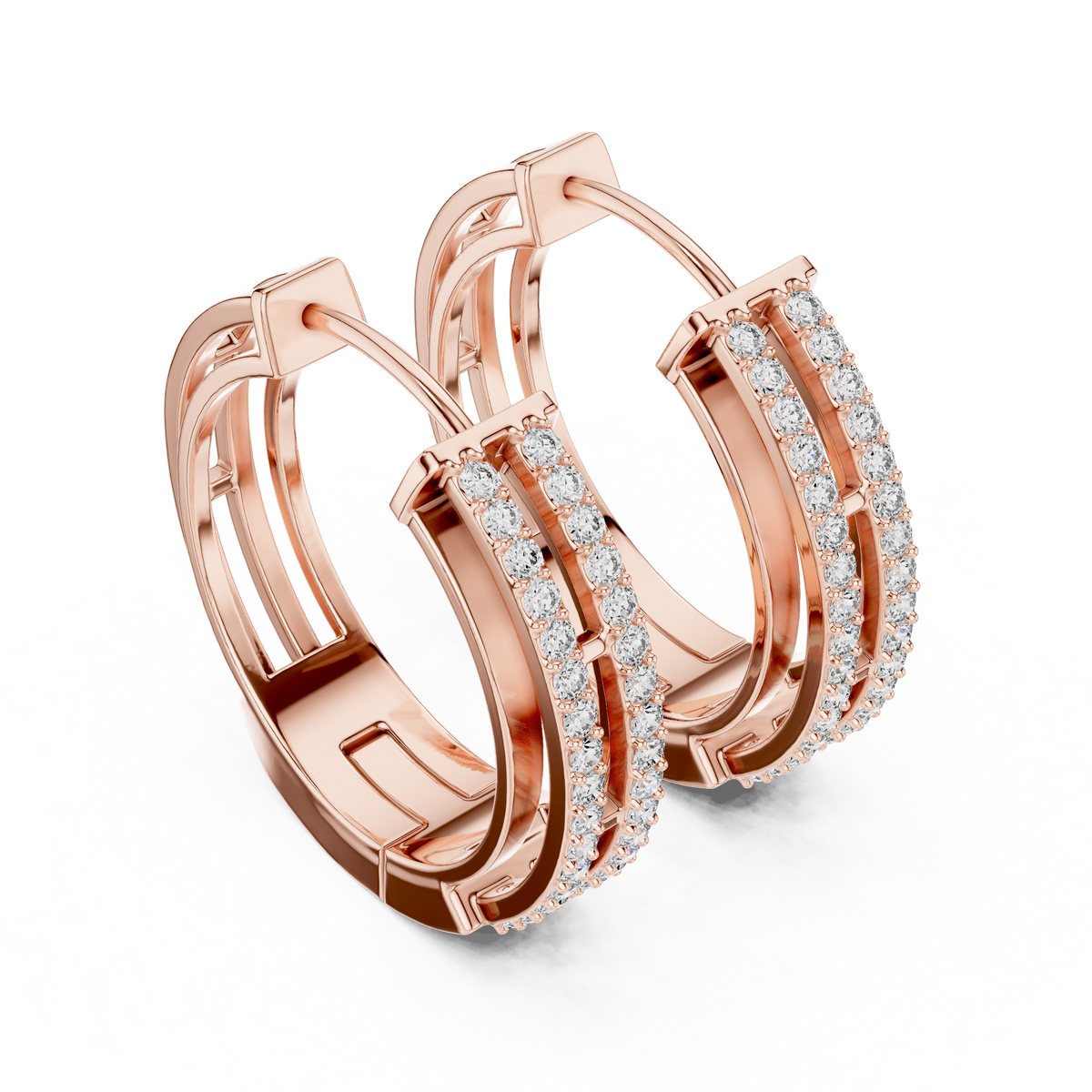 Rose gold lab grown diamond double row hoop earrings, side view