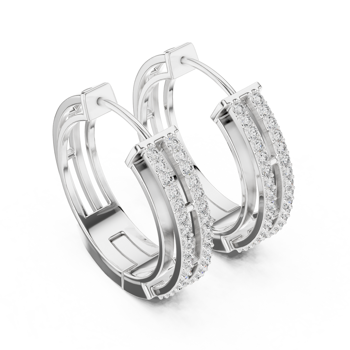 White gold lab grown diamond double row hoop earrings, side view