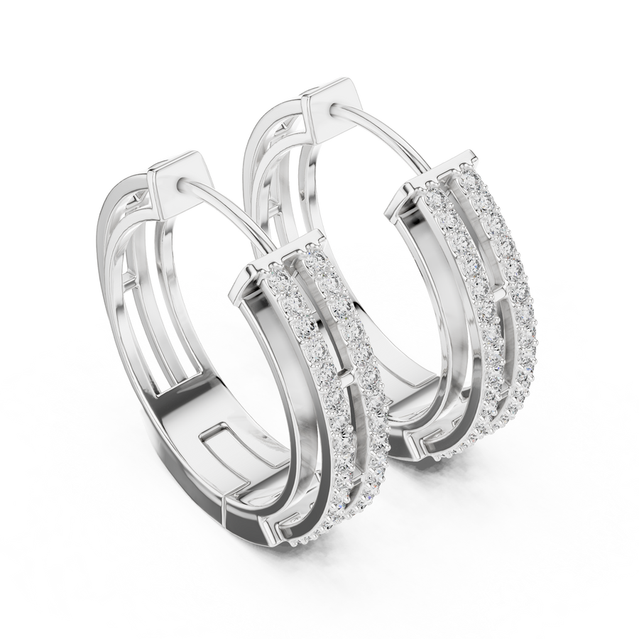 White gold lab grown diamond double row hoop earrings, side view